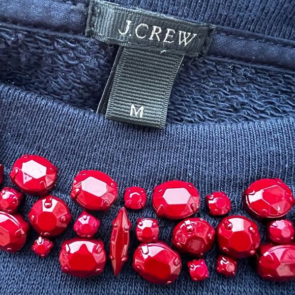 J. Crew women's size M crewneck sweatshirt, navy with red beadwork around neck. - Picture 2 of 4